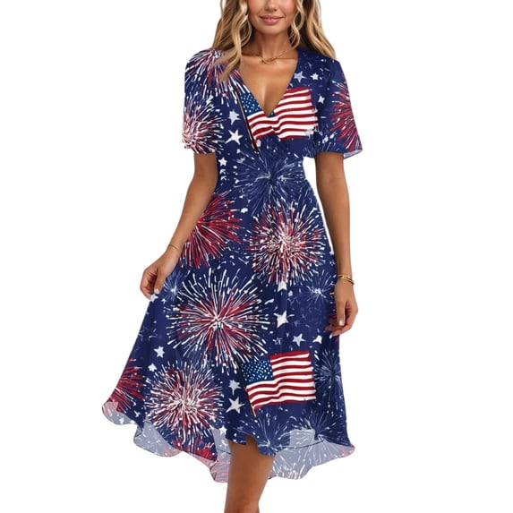 Patriotic 4th of July Dresses for Women USA Flag Print Short Sleeve Wrap V Neck Tie Waist A-Line Ruffle Hem Flowy Midi Summer Dress
