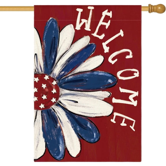 Patriotic 4th of July House Flag 28x40 Inch Double Sided Outside, Memorial Day Red Floral Welcome Daisy Yard Outdoor Decoration