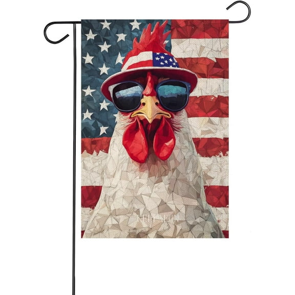 Patriotic 4th of July Rooster Garden Flag 12x18 Inch Double Sided Outside, Memorial Day Floral Welcome Patriotic Yard Outdoor Decoration (9473)