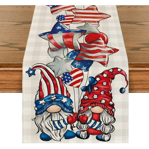 Patriotic 4th of July Table Runner, Memorial Day Gnomes Kitchen Dining Table Decor for Indoor Outdoor Home Party Decoration 13 x 72 Inch