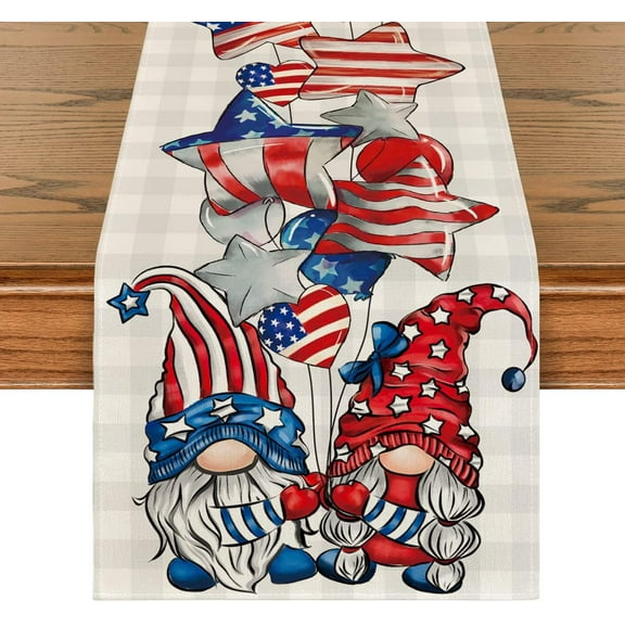 Patriotic 4th of July Table Runner, Memorial Day Gnomes Kitchen Dining Table Decor for Indoor Outdoor Home Party Decoration 13 x 72 Inch
