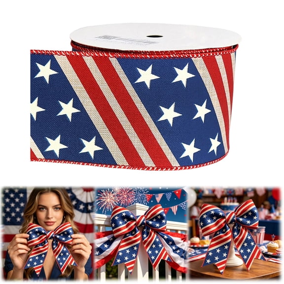 Patriotic Diagonal Star Stripe Wired Ribbon, 10 Yard Alternating Star & Stripe Pattern, Red White Blue, 4th of July Ribbon for Crafts