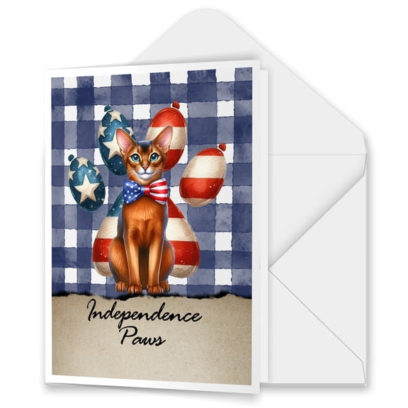 Patriotic Abyssinian 4th of July Independence Paws 5x7in Folded Greeting Card Cat Lover Kitten Owner Gifts Single Note Card with Envelope - 02010