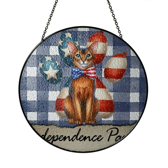Patriotic Abyssinian 4th of July Independence Paws Stained Glass Suncatcher Cat Lover Kitten Owner Gifts Window Hanging Sign Decor - 02010