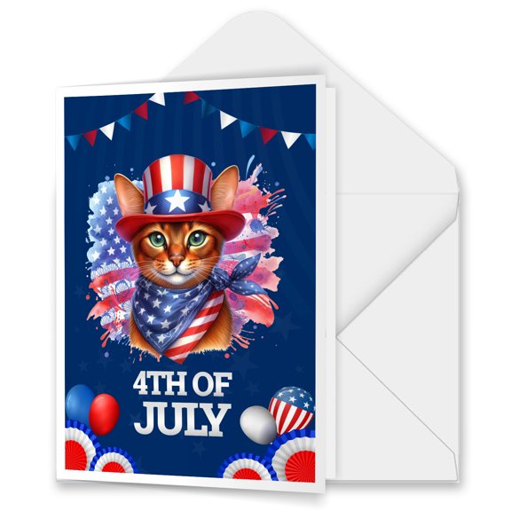 Patriotic Abyssinian Celebrates 4th of July 5x7in Folded Greeting Card Cat Lover Kitten Owner Gifts Single Note Card with Envelope - 02009