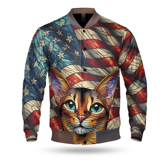 Patriotic Abyssinian Stained Glass Portrait American Flag All Over Print 3D Baseball Jacket Cat Lover Kitten Owner Gifts Bomber Jacket Softball - 01010