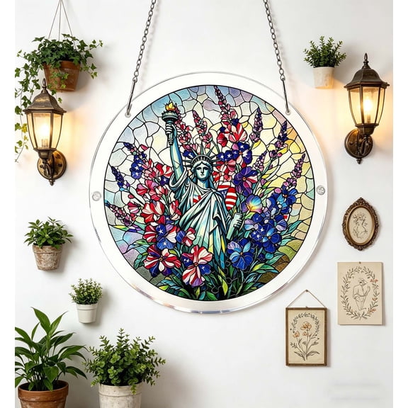 Patriotic Acrylic Suncatcher Stained Glass Style Window Hanging Decor for 4th of July Independence Day Memorial Day Home Ornament with Chain