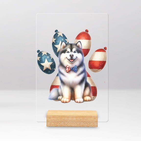 Patriotic Alaskan Malamute 4th of July Independence Paws Acrylic Plaque Sign Ashwood Base Alaska Mal Dog Lovers Gifts Home Desk Decor - 02010