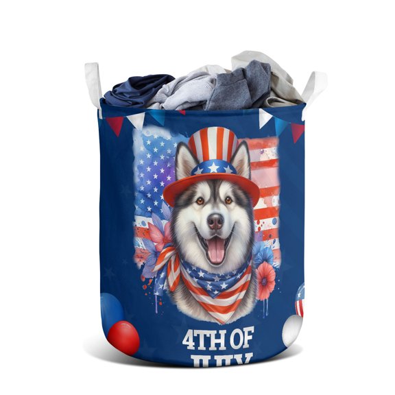Patriotic Alaskan Malamute Celebrates 4th of July Foldable Laundry Basket Alaska Mal Dog Lovers Gifts Organizer Storage with Handles - 02009