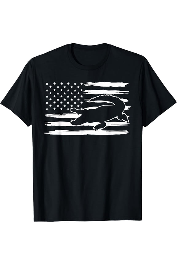 Patriotic Alligator American Flag T-Shirt Retro Distressed USA Crocodile Graphic Tee for Men and Women