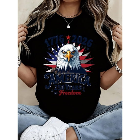 Patriotic America 250 Years of Freedom T-Shirt, 1776-2026 Bald Eagle USA Flag Graphic Tee for Men and Women