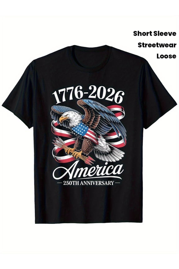 Patriotic America 250th Anniversary 1776-2026 Bald Eagle Graphic T-Shirt Retro USA Flag Streetwear Loose Fit Short Sleeve Tee for Men Women Adult