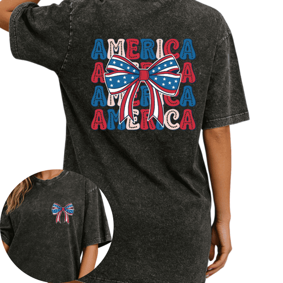 Patriotic America Cherry Bow Land Of The Free Wash Print Tshirt S-2XL Washed Black Graphic Tees Casual Shirts for Independence Day Tops