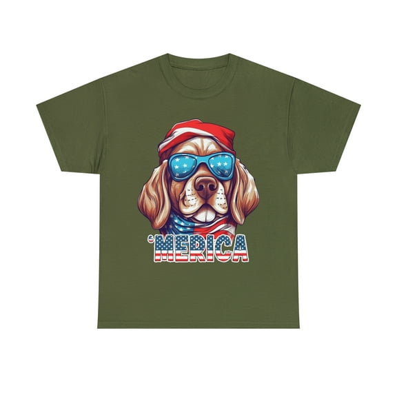 Patriotic America Dog Sunglasses Flag Colors July 4th  Unisex Cotton Tee