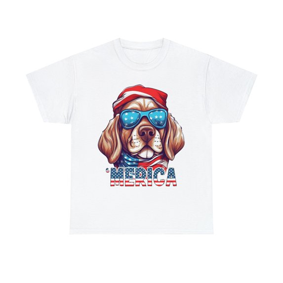 Patriotic America Dog Sunglasses Flag Colors July 4th Unisex Cotton Tee