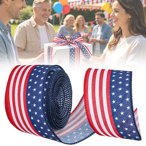 Patriotic America Flag Themed Ribbons 2.5" * 15 Yards,Patriotic Stars and Stripes Memorial Day Wired Edge Burlap Ribbon,Red White and Blue Ribbon for 4th of July Wrapping DIY Crafts Decor Wreaths Bow