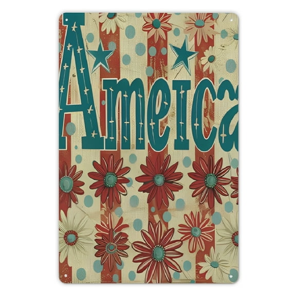 Patriotic "America" Metal Sign - 12x8in, Vibrant Red, White &amp; Blue Floral Design, Perfect for July 4th Independence Day Outdoor Decor, Outdoor Sign Decor | Rustic Americana Theme