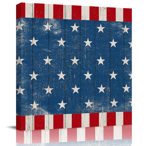 Patriotic America Stars on Navy Blue Wood Plank Canvas Artwork Painting Art, Independence Day Striped Square Framed Wall Decorations Prints Picture for Bedroom Kitchen Living Room, 8x8 in