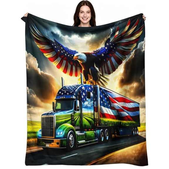 Patriotic American Bald Eagle USA Flag Semi Truck Print, Soft Warm Flannel Fleece, Patriotic, Throw Blanket, Cozy Warm, Home Decor, Couch Sofa Bed Travel