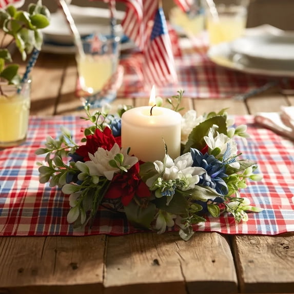 Patriotic American Candle Rings Wreaths Artificial 4th of July Floral Candle Rings Holder with Daisy Flowers Mini July Independence Day Wreath for Party Home Table Centerpiece Decor 8" A