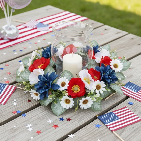 Patriotic American Candle Rings Wreaths Artificial 4th of July Floral Candle Rings Holder with Daisy Flowers Mini July Independence Day Wreath for Party Home Table Centerpiece Decor 8" B