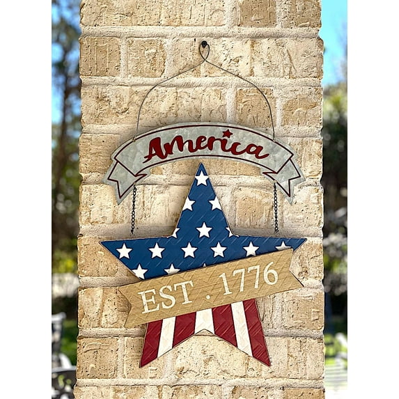 Patriotic American Decor Star /  America Est. 1776 / Sign Wood Metal Wall Door Hanging Art Indoor Outdoor Rustic Design 20"x13"