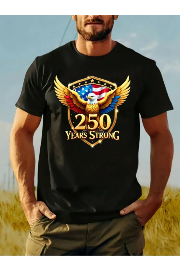 Patriotic American Eagle 250 Years Strong Men's Graphic T-Shirt Retro USA Flag Semicentennial Celebration Tee