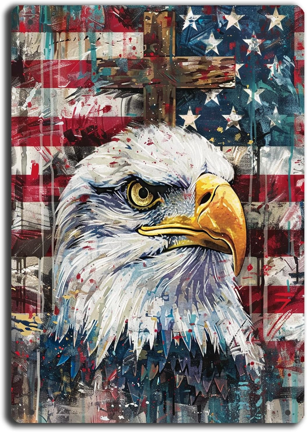 Patriotic American Eagle & Cross Metal Sign, Vintage Rustic Flag Wall ...