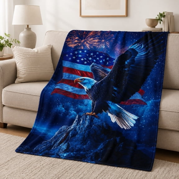 Patriotic American Eagle Flag Fleece Throw Blanket - Soft Cozy 280gsm Plush Blanket for Sofa, Couch, Living Room, US Made Gift