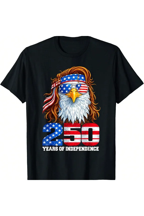Patriotic American Eagle Mullet 250 Years of Independence Graphic T-Shirt USA Flag Sunglasses Tee
