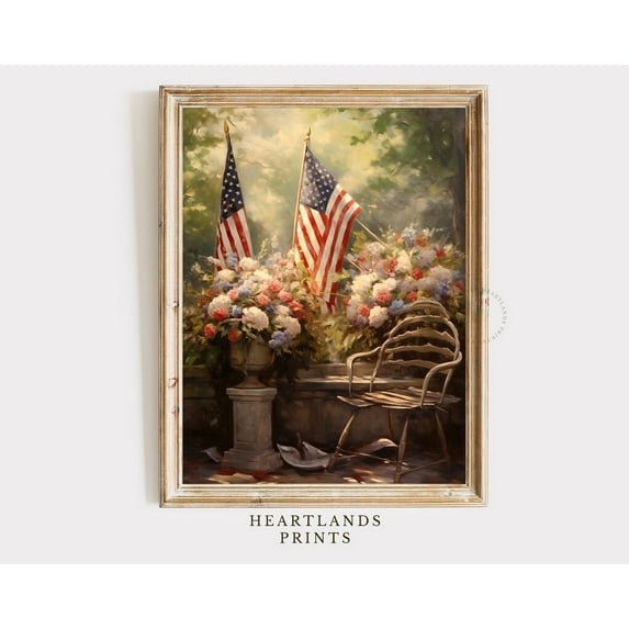 Patriotic American Flag 4Th Of July Wreaths Wall Art Printable Garden Scene, Usa Celebration Gift Neutral Floral Artwork, Digital Printable ,Decor For Living Room Bedroom, 24x36 UNFRAMED