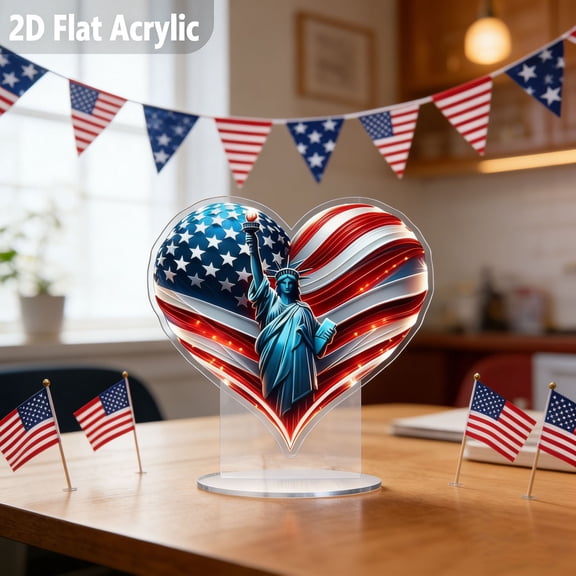 Patriotic American Flag Acrylic Standee for 4th of July, Red White Blue Laser Cut Flat Art Piece, Independence Day Tabletop Decorations for Mantel Shelf Desk, DIY Craft Blank Ornament Home Office