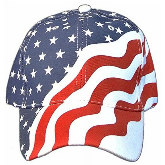Patriotic American Flag Adjustable Baseball Cap/Hat in Red, White and Navy Blue Stars and Wavy Stripes