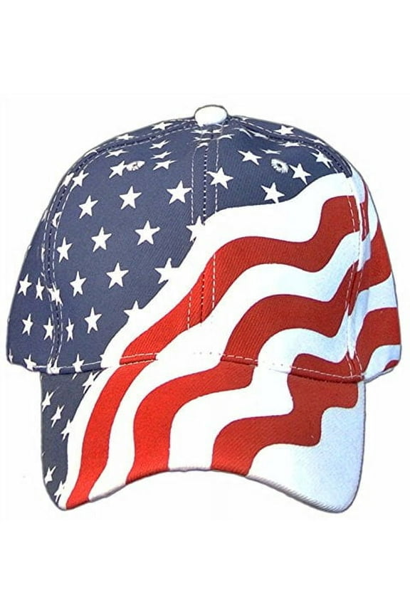 Patriotic American Flag Adjustable Baseball Cap/Hat in Red, White and Navy Blue Stars and Wavy Stripes