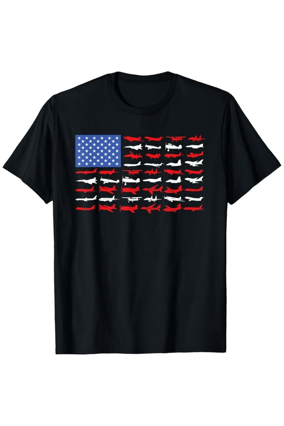Patriotic American Flag Airplane Silhouette T-Shirt - Vintage Aviation Pilot Graphic Tee - Retro USA Flight Aircraft Design for Men and Women