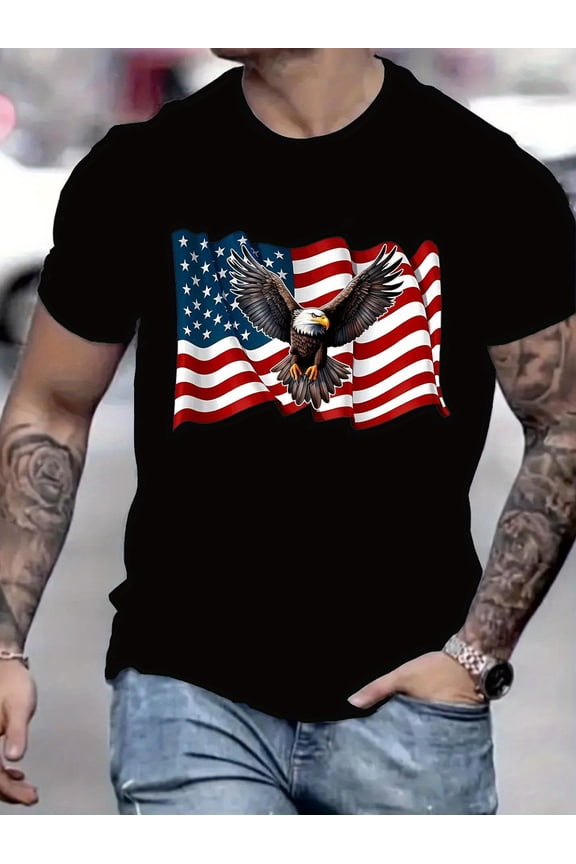Patriotic American Flag Bald Eagle Graphic Tee Retro USA Pride Men's Short Sleeve Casual Black T-Shirt
