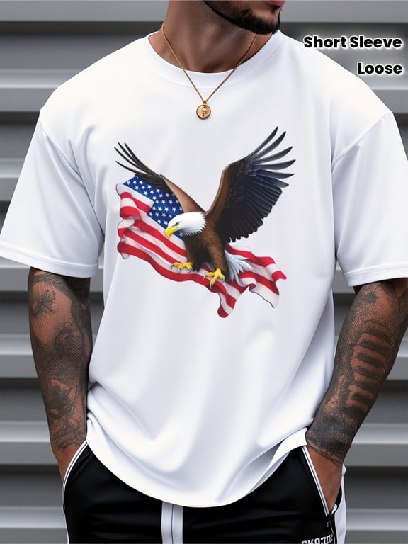 Patriotic American Flag Bald Eagle Men's White T-Shirt Retro USA Pride Short Sleeve Loose Fit Casual Summer Tee