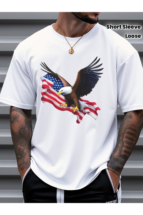 Patriotic American Flag Bald Eagle Men's White T-Shirt Retro USA Pride Short Sleeve Loose Fit Casual Summer Tee