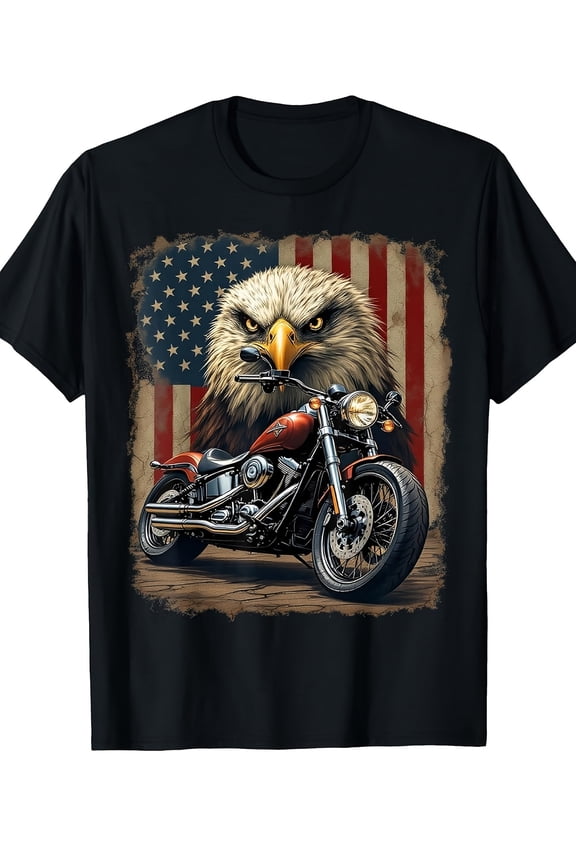 Patriotic American Flag Bald Eagle Motorcycle Biker Graphic T-Shirt Retro Vintage Style Men's Short Sleeve Tee