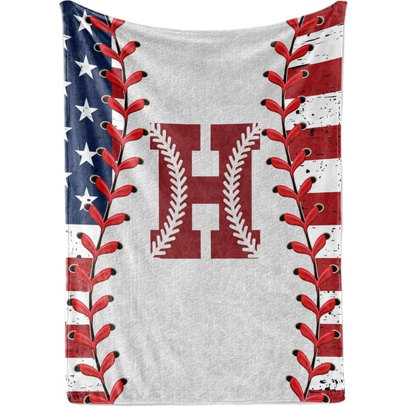 Patriotic American Flag Baseball Stitches Letter H Monogram Throw Blanket Soft Plush Fleece for Home Decor