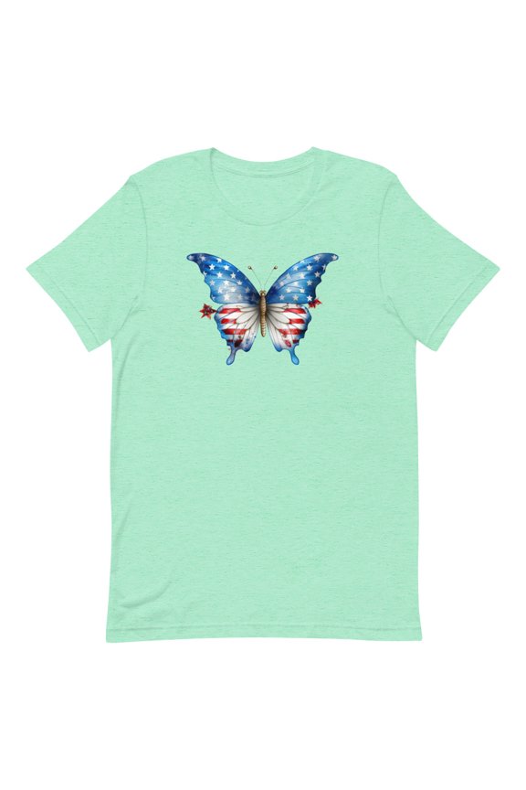 Patriotic American Flag Butterfly Design Shirt (Heather Mint, XL)