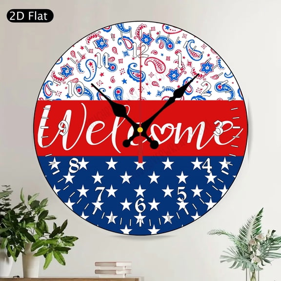 Patriotic American Flag Cardinal Bird Round Wall Clock Silent Rustic USA Home Decor