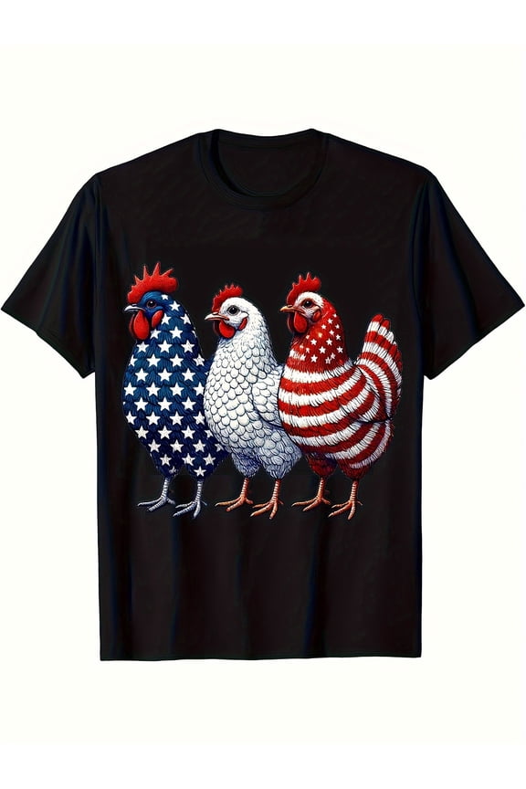 Patriotic American Flag Chickens T-Shirt Retro USA Rooster Hen Graphic Tee Red White and Blue Independence Day Farmer Gift