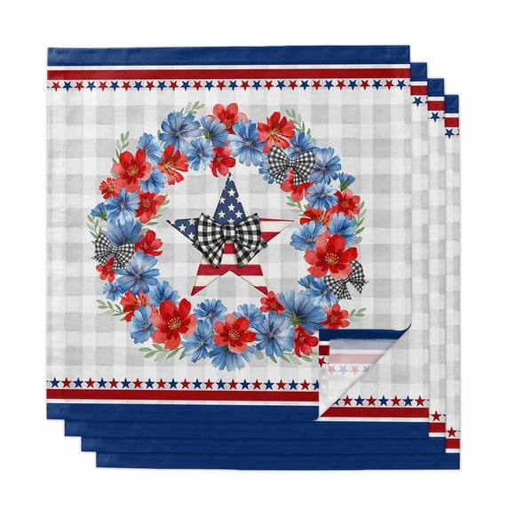 Patriotic American Flag Cloth Napkins, Blue Red Flowers Wreath Gray Plaid Washable and Reusable Dinner Napkins Set of 4, Table Napkin for Kitchen Party Birthday Wedding Hotel Housewarming 20"x20"