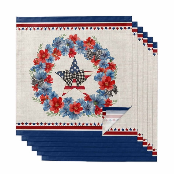 Patriotic American Flag Cloth Napkins, Blue Red Flowers Wreath Retro Beige Washable and Reusable Dinner Napkins Set of 6, Table Napkin for Kitchen Party Birthday Wedding Hotel Housewarming 20"x20"