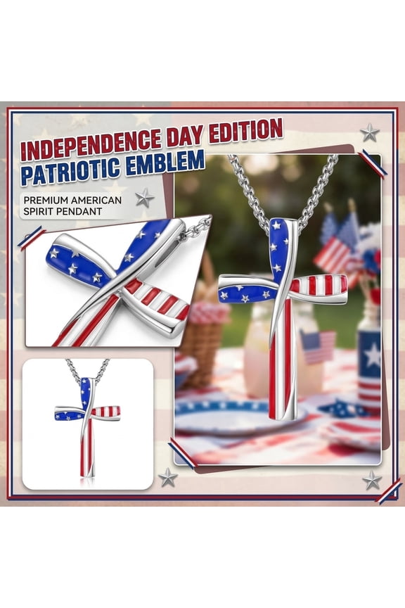 Patriotic American Flag Cross Necklace, Red White Blue Enamel Cross Pendant, Independence Day Faith Jewelry for Women Men