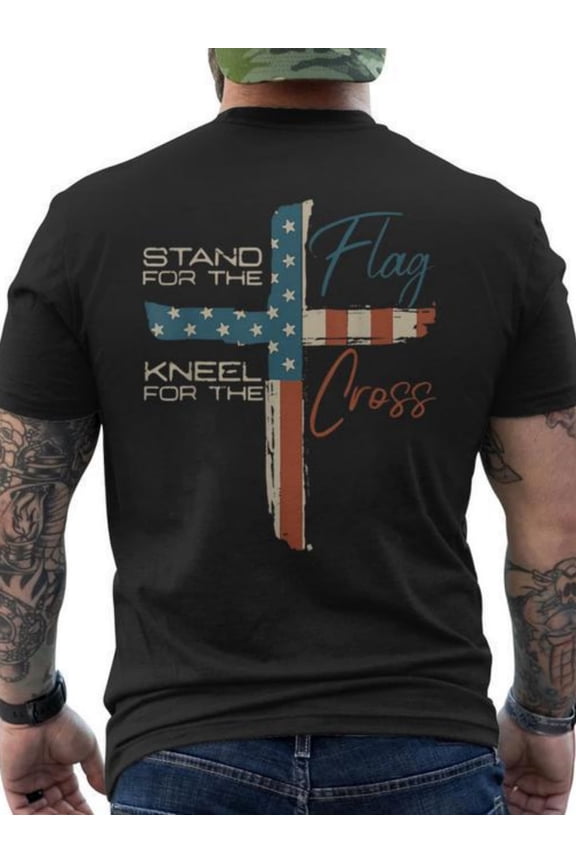 Patriotic American Flag Cross T-Shirt for Men Retro Christian Faith Graphic Tee Stand for the Flag Kneel for the Cross Vintage Short Sleeve Cotton Top