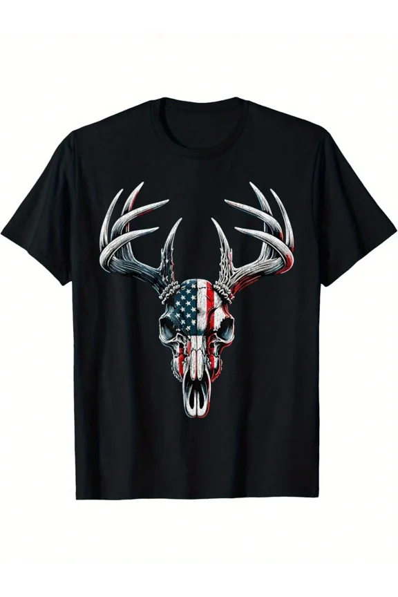 Patriotic American Flag Deer Skull Men's Graphic T-Shirt, Hunting Antler Tee