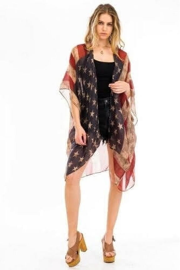 Patriotic American Flag Distressed Kimono Cardigan Sleeveless Vest or Scarf Vintage Boho 4th of July or Beach Kimono Flowing Summer Vest
