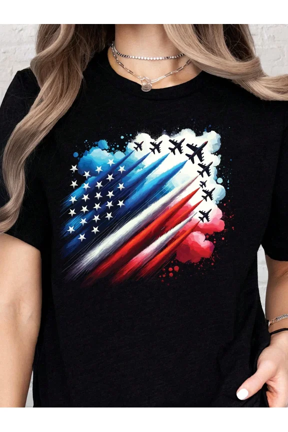 Patriotic American Flag Fighter Jet Air Show Graphic T-Shirt, Independence Day Military Style Tee for Men and Women